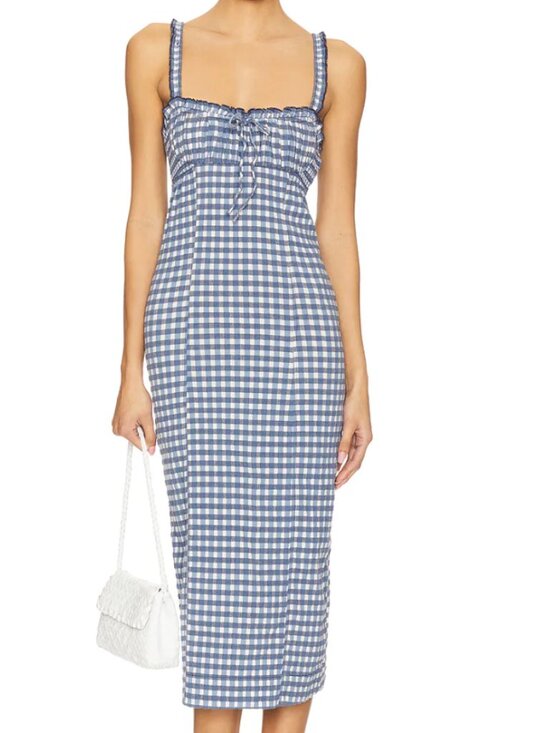 Free People Dresses & Skirts - Free People Lucinda Plaid Midi Dress Large Blue Gingham
